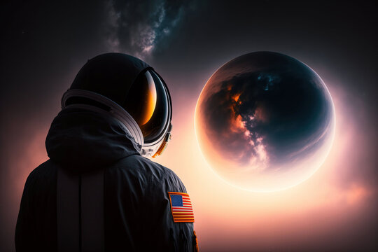 From behind, astronaut looking at a far planet in cosmos. Generative AI