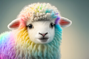 Fototapeta premium cute fluffy rainbow baby sheep, smiling, kids pastel color background, illustration digital generative ai design art style 