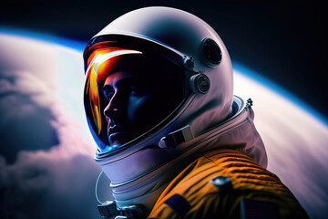 Portrait of serious astronaut exploring Mars surface