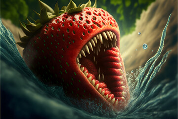 a fresh red strawberry screaming happy, food fruit water Splash, illustration digital generative ai design art style