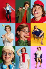 Photo set collage of portraits of emotional young man in diverse clothes expressing only positive happy emotions. Concept of fashion, emotions, lifestyle