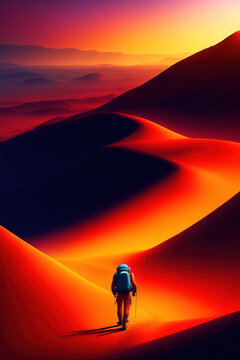 Back view of astronaut exploring Mars surface. Generative AI.