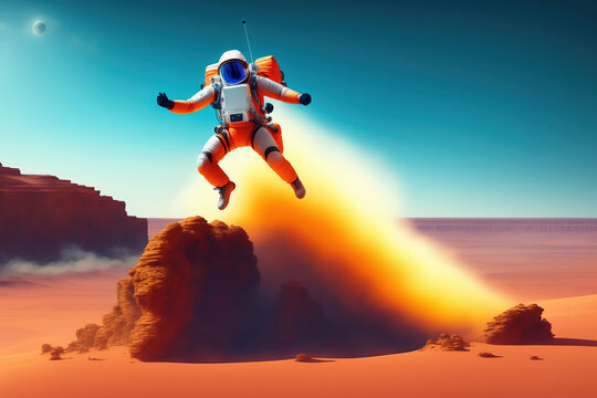 Astronaut flying on Mars surface. Generative AI