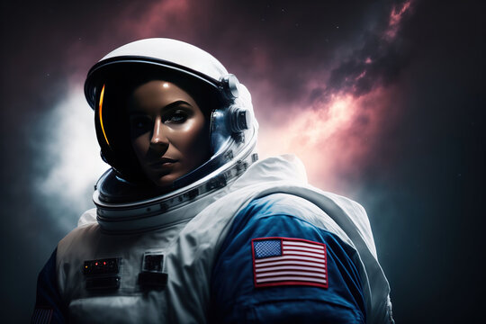 Portrait of astronaut woman exploring space. Generative AI