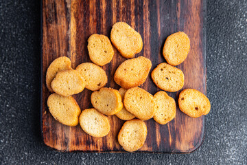 croutons for salad dried flavored bread fresh healthy meal food snack on the table copy space food background rustic top view