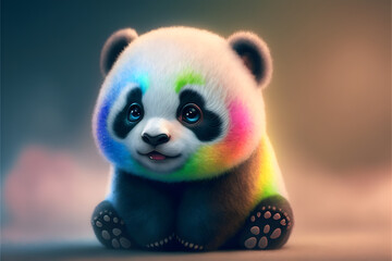 Fototapety  cute sweet rainbow baby panda bear, smiling, kids pastel color background,  illustration digital generative ai design art style 