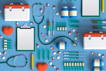 Stethoscope, syringe, insulin, vaccine, first aid kit, medical insurance, capsules and tablets. Health care and medicine in 3d illustration. First aid kit on a light blue background.