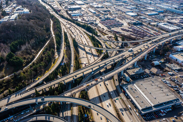 Aerial view of Highway 5 Interchange, located south of Seattle Downtown near the Stadion,  with...