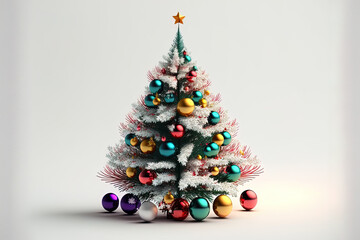 Happy studio image of a white background with a Christmas tree decorated with bright decorations. Generative AI
