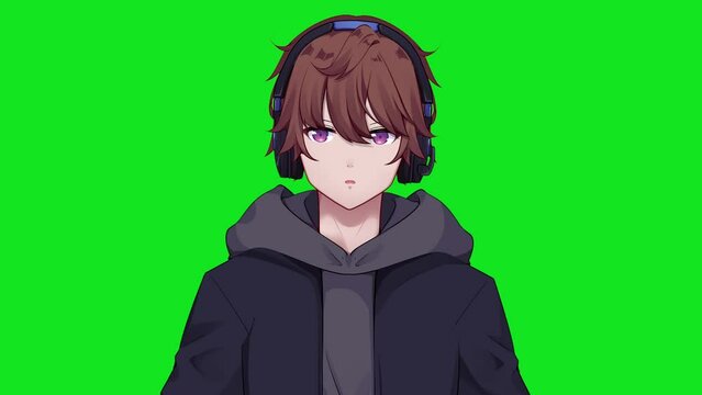 Male vtuber with headphones talking to camera web streaming on green screen 4K