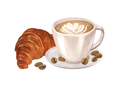 Watercolor breakfast coffee latte and croissant. Hand-drawn illustration isolated on white background. Perfect concept for cafe, restaurant, menu, cards