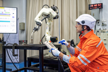 Engineer hold controller operation robot arm and test movement after programing in repair shop