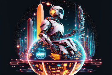 Robot standing at the interactive table with hologram of smart city. Cyborg work with virtual abstract spherical interface. AI or artificial intelligence controls systems of smart city (ai generated)