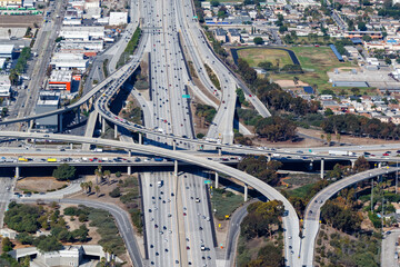 Aerial view of highway interchange San Diego and Century Freeway traffic in Los Angeles, USA