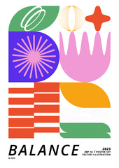 Vector poster or print with geometric shapes. Brutalist design, futuristic composition.