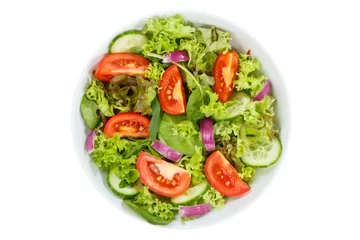 Abwaschbare Fototapete Mixed salad with fresh tomatoes healthy eating food from above isolated on white © Markus Mainka