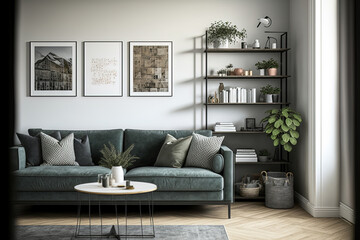 Copy space on the wall of scandinavian living room with modern couch, metal shelves and industrial coffee table, real photo. Generative AI