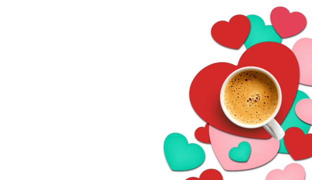 Happy valentine's day illustration. cup of coffee on heart shaped paper. PNG File