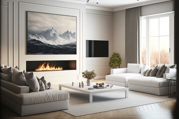 White, elegant living room with fireplace, tv, coffee table and couch, panorama. Generative AI