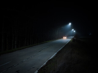 Fototapeta A trip on a rural forest road in a fog at night obraz