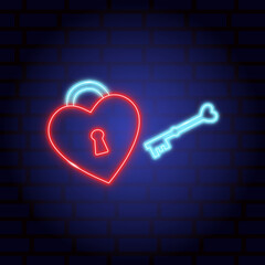 Valentine's Day neon heart shaped lock with key