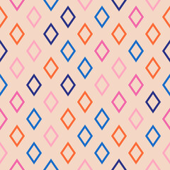 Vector seamless pattern with colorful outline rhombuses. Abstract geometric ornament texture with simple diamond shapes in regular grid. Orange, pink, blue and beige color background. Repeat design