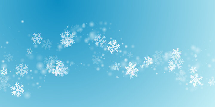 Minimal flying snowflakes wallpaper. Winter speck ice granules. Snowfall weather white teal blue design.
