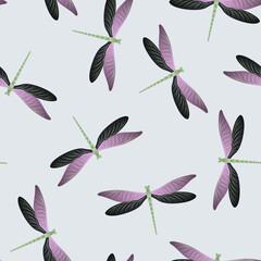 Dragonfly simple seamless pattern. Repeating dress textile print with darning-needle insects.