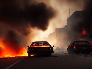 Fototapeta na wymiar A burning car on a road. 