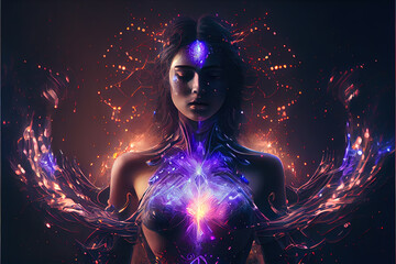 Fantastical portrayal of a woman in meditation and sound healing  with vibrant energy chakras and a mystical aura, embodying the union of yoga and spirituality..  generative Ai  