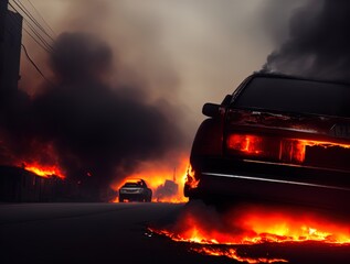 A burning car on a road. 