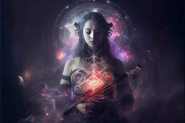 Obraz na płótnie Canvas Woman in power of reiki and Sound healing therapy and meditation , uses aspects of music to improve health and well being generative ai 