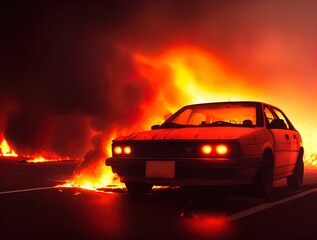 Fototapeta na wymiar A burning car on a road. 