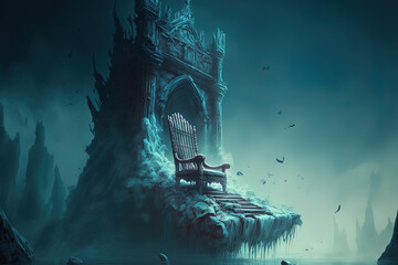 Fantasy illustration of a castle ruin with a mystery undead ghost ruler floating on a torn throne. Generative AI
