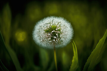 Closed Bud of a dandelion. Dandelion white flowers in green grass. High quality photo. Generative AI