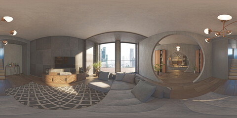 Luxurious and modern open space with circular holes in the walls, apartment inside a skyscraper in Dubai, project design, 3d rendering, 3d illustration, spherical image, surround panorama, Pano VR 360