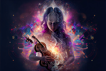 Mystical woman with violin surrounded by vibrant cosmic swirls, blending music, and magic for a spellbinding meditation theme generative ai
