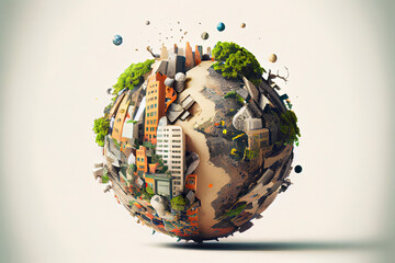 Miniature planet as concept for chaotic urban life isolated with clipping path - obrazy, fototapety, plakaty
