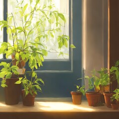 Natural beauty, a plant, a pot and sunlight inside a cozy room.