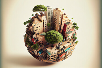 Miniature planet as concept for chaotic urban life isolated with clipping path - obrazy, fototapety, plakaty