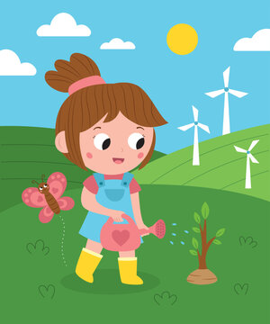 Cute girl watering a tree. Farm background with wind turbines. Zero waste. Save the planet. Kawaii cartoon characters. Vector illustration for children.