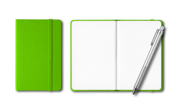 Green closed and open notebooks with a pen isolated on transparent background - Powered by Adobe