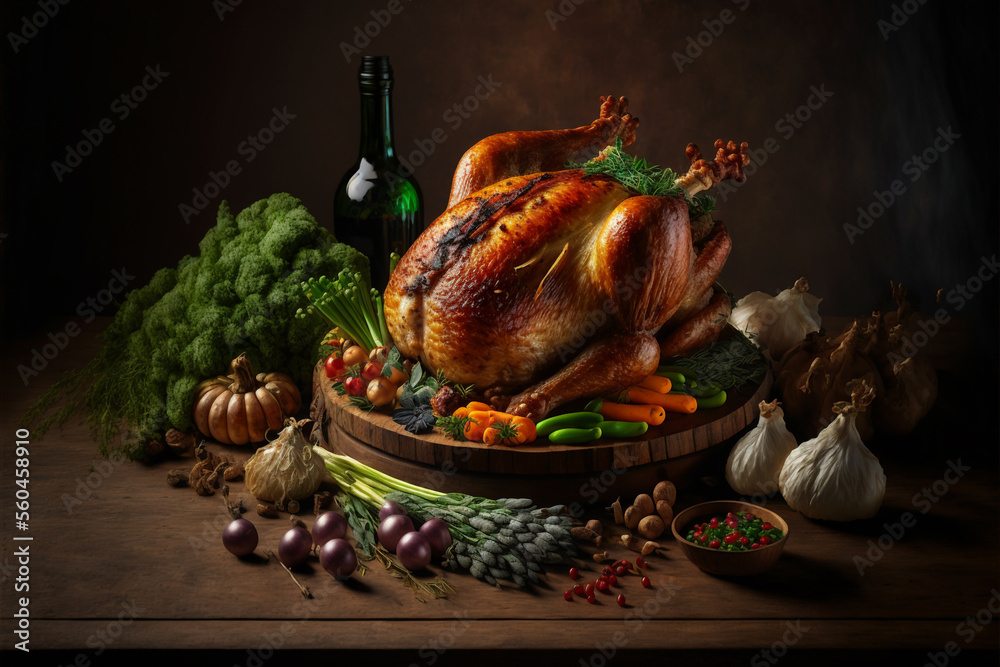 Wall mural A glistening, golden-brown turkey, surrounded by a bounty of roasted vegetables and herbs, set on a rustic wooden table - Wall murals