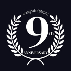 9th anniversary logo,with Laurel Wreath ,black and white style. Vector Illustration