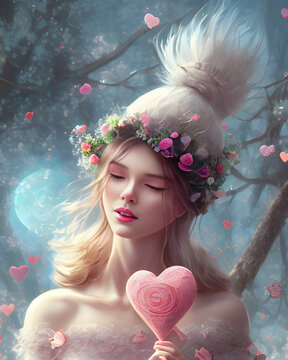 Beautiful young woman eyes closed holding a valentines day heart. Dreamscape illustration, generative ai.