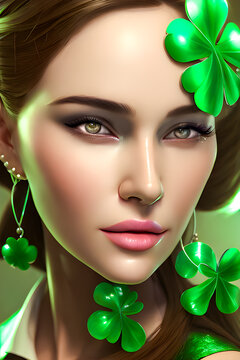 Closeup portrait of beautiful woman celebrating St Patrick's day. Illustration, generative ai.