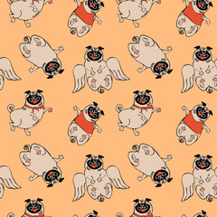 Seamless pattern with playful pug dog on solid background