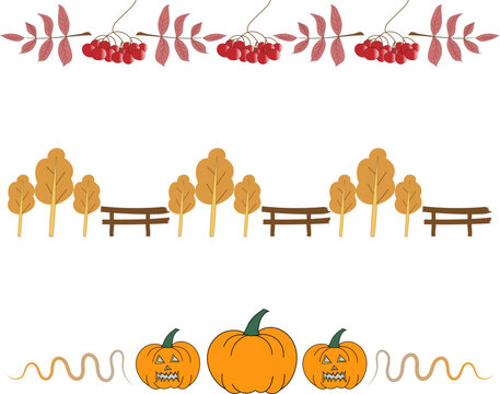 Autumn Halloween border bars with pumpkins trees and berries