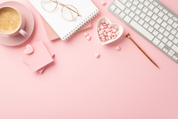 Valentine's Day concept. Top view photo of reminders pen stylish glasses heart shaped saucer with sprinkles sticky note paper keyboard cup of coffee on isolated pastel pink background with empty space