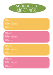 Sheet template for scheduled meetings. Minimalistic, simple, bright. A4. Vector graphic.	